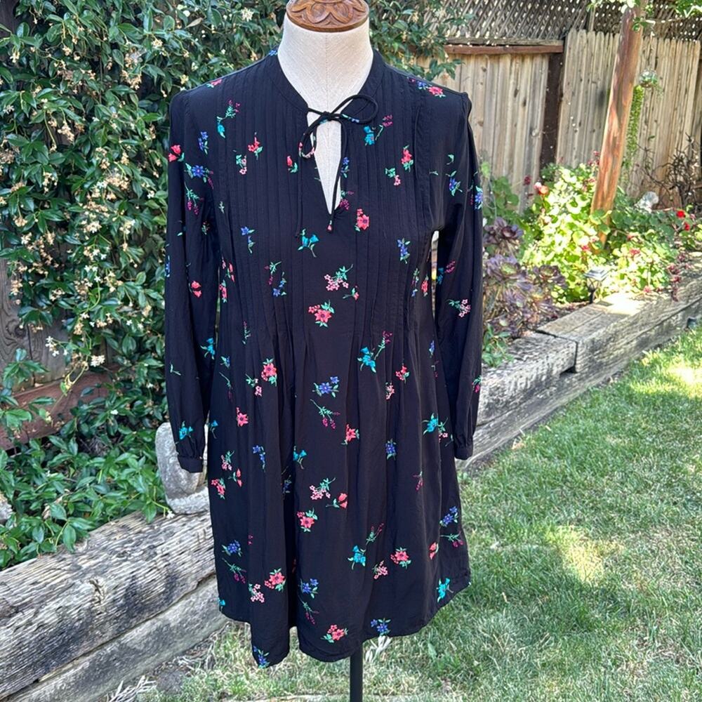 Old Navy Black Floral Long Sleeve Lace Up Tunic Dress Women's Size XS
